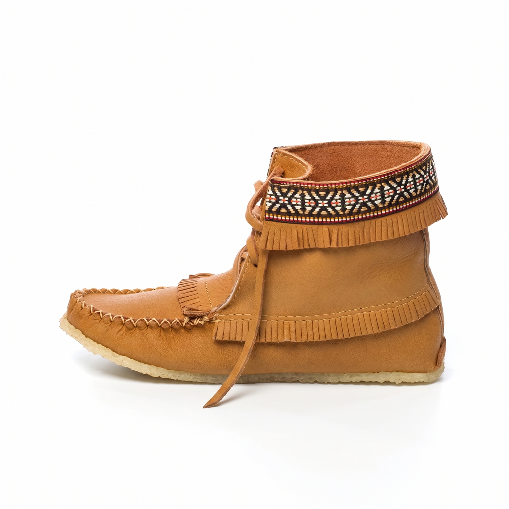 Brown moccasin shoe with decorative band on a white background