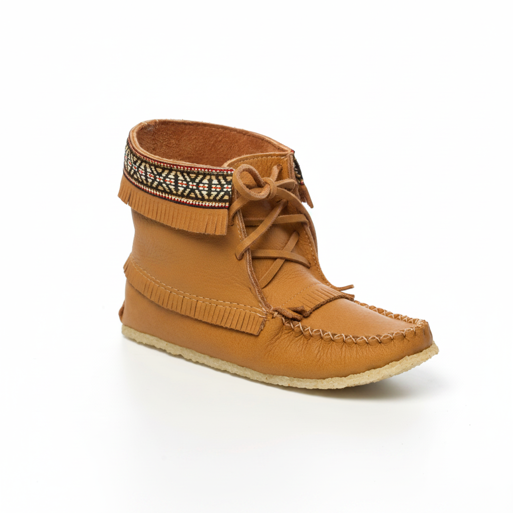 Brown moccasin-style shoe with decorative elements on a white background