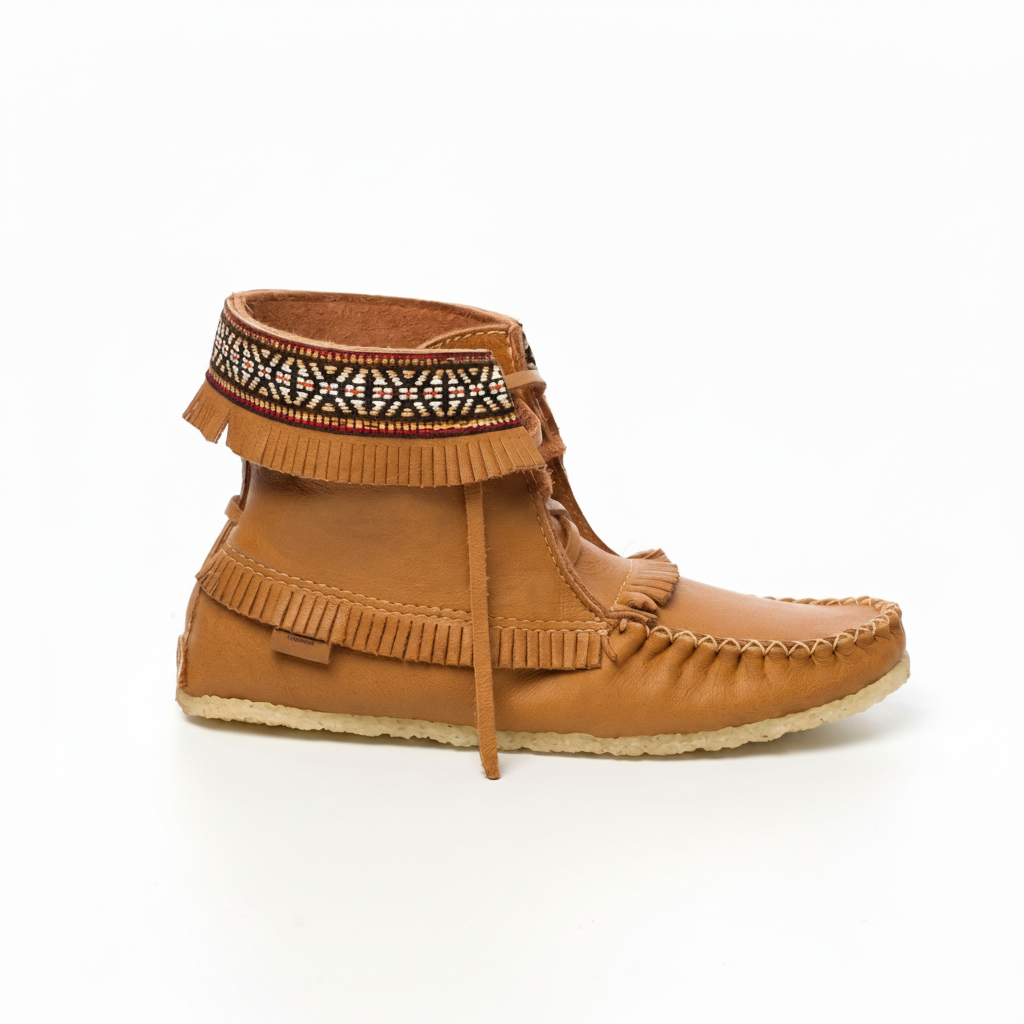 Brown moccasin-style shoe with decorative elements on a white background