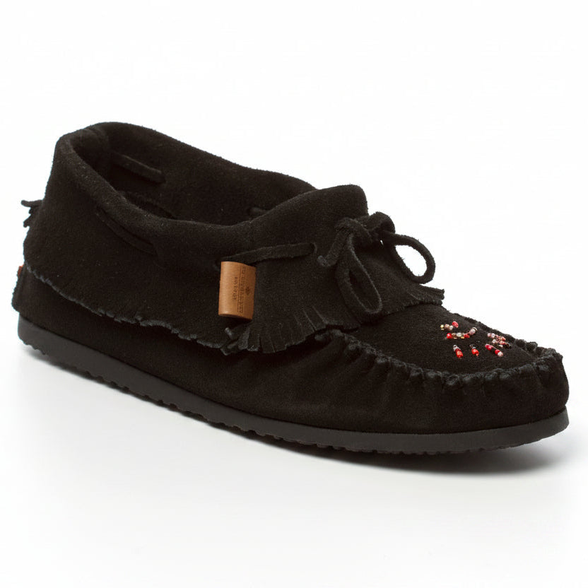Black slip-on moccasin shoe with a small tag on a white background