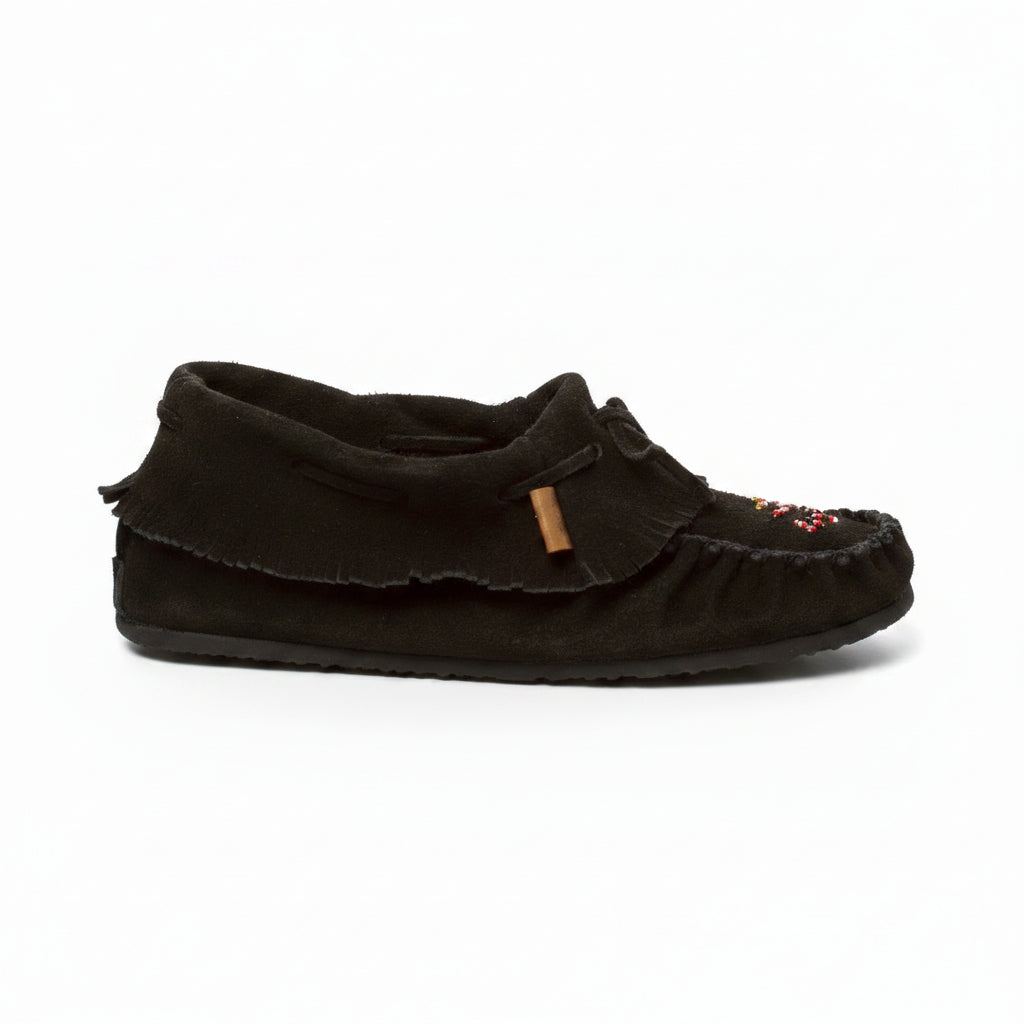 Black moccasin shoes on a white background
