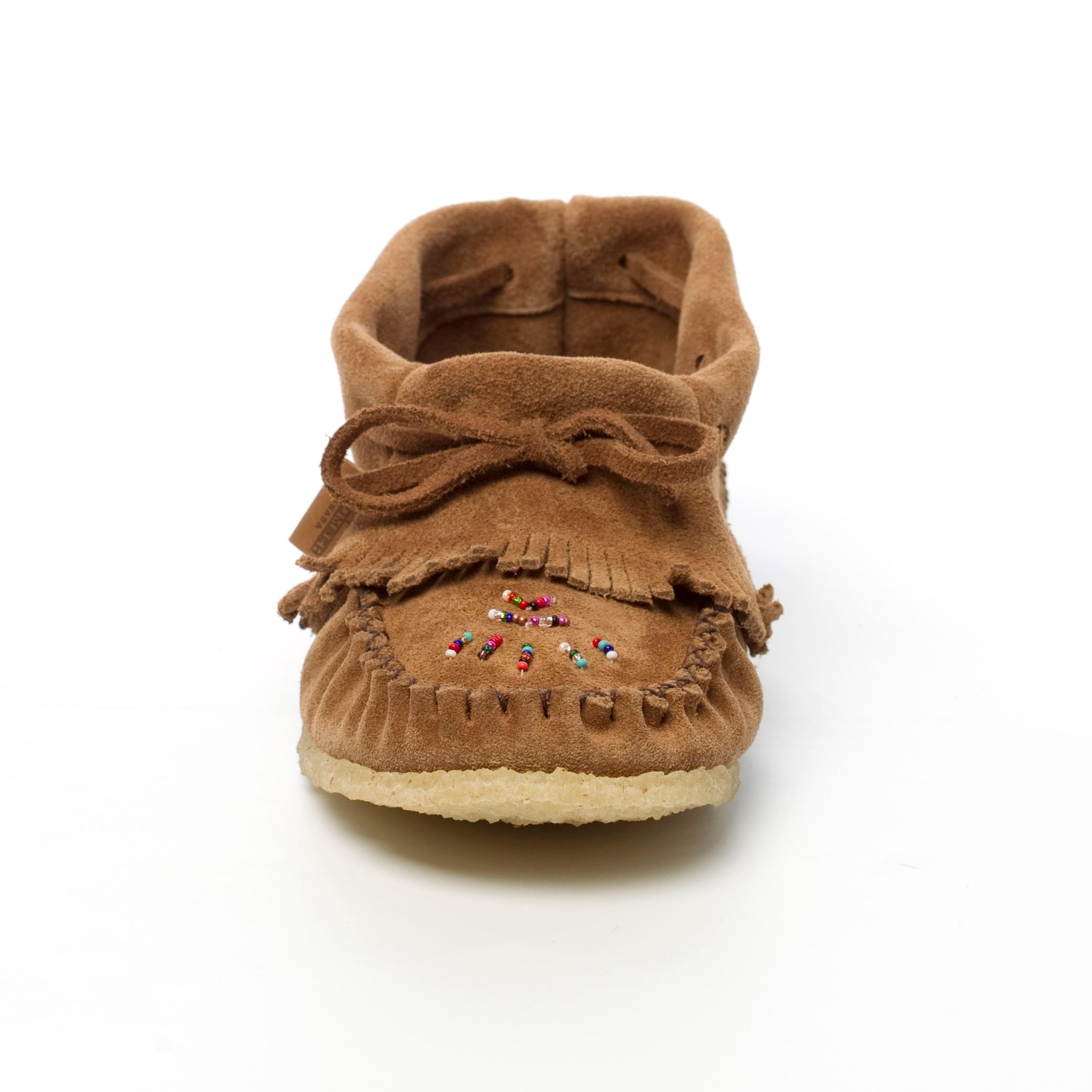 Brown moccasin shoe with decorative elements on a white background