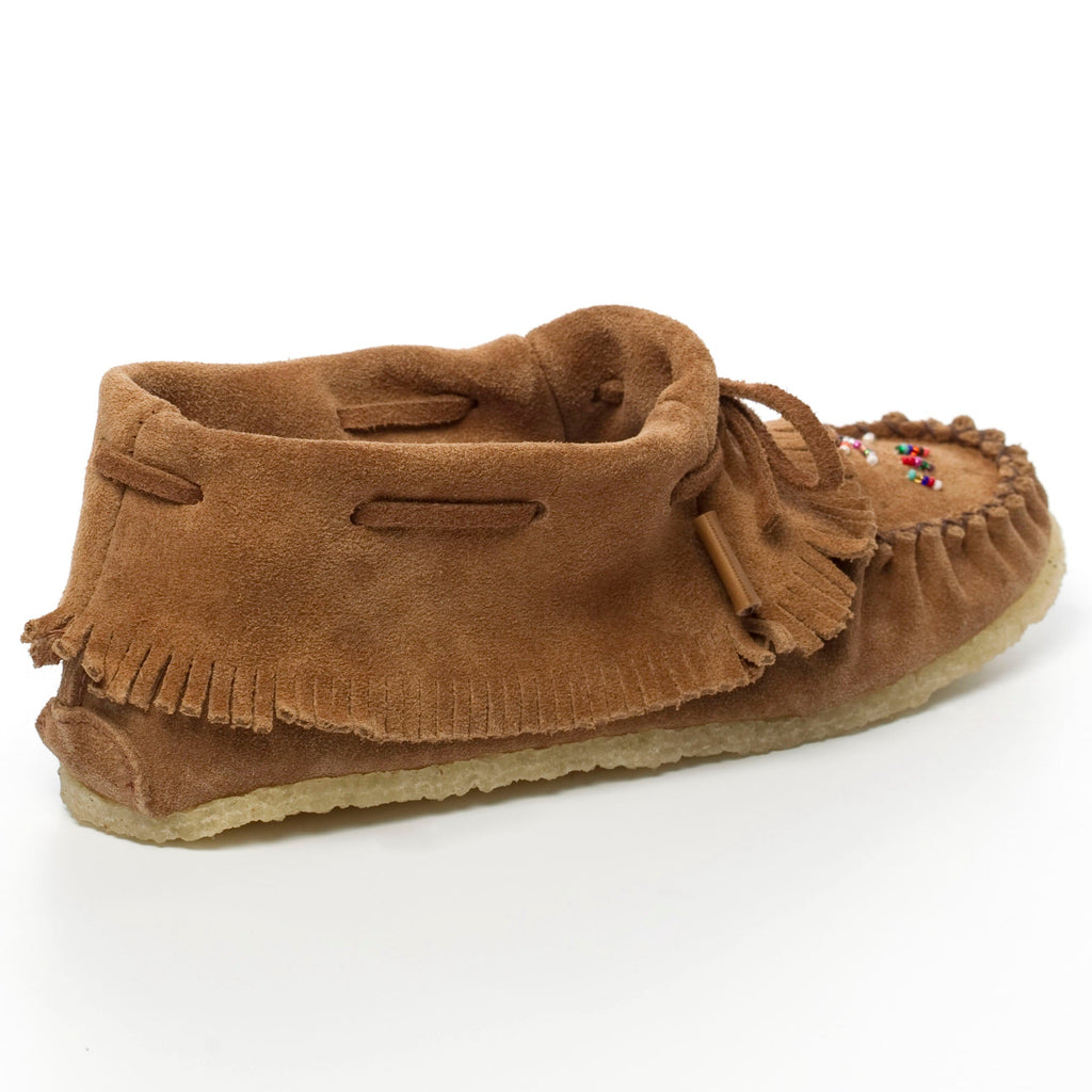 Brown moccasin slipper with fringes on a white background