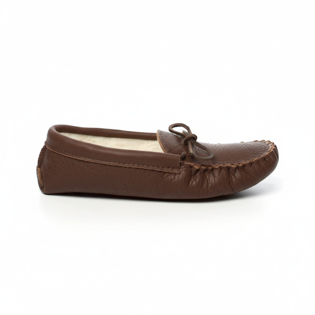 Brown leather moccasin shoe on a white background