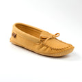 Tan moccasin slipper on a white background