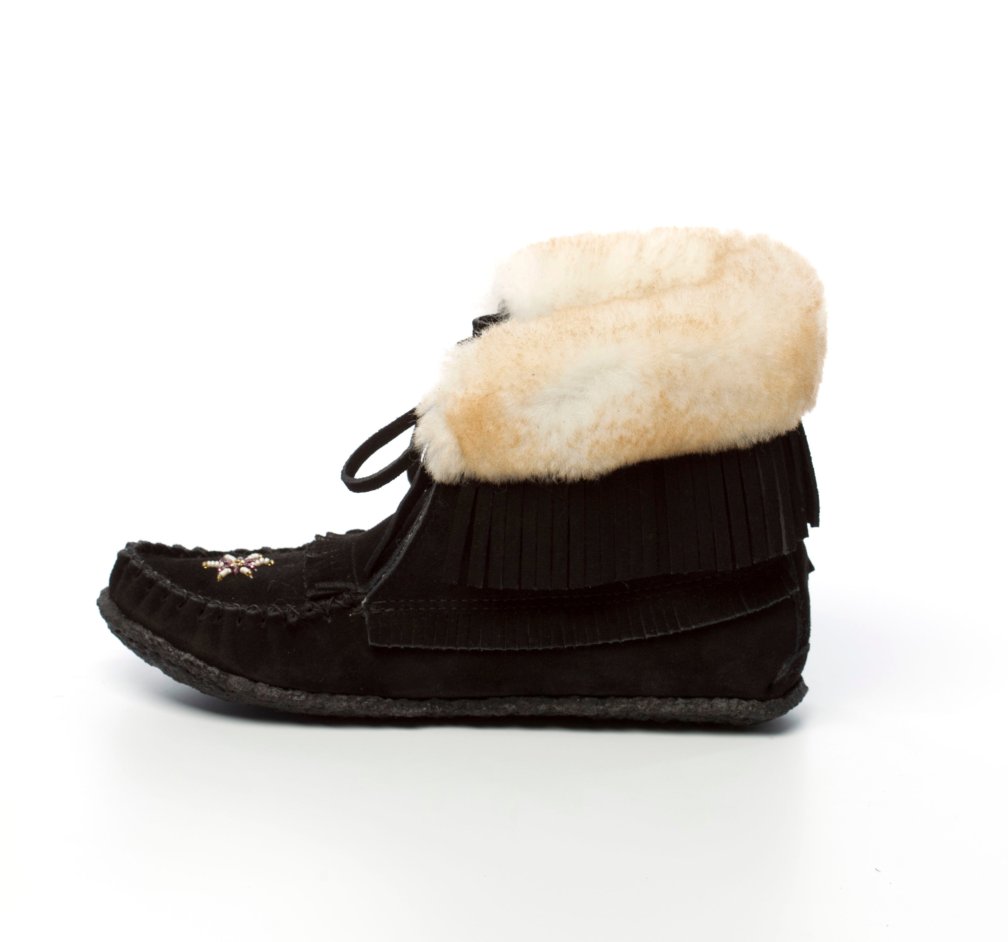 Black moccasin-style boot with sheepskin fur on a white background