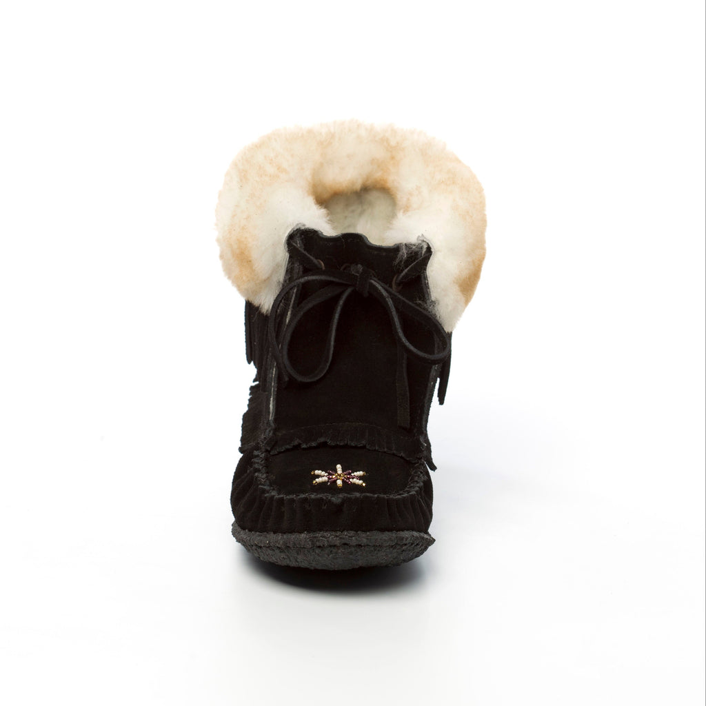Black winter boot with white fur lining on a white background