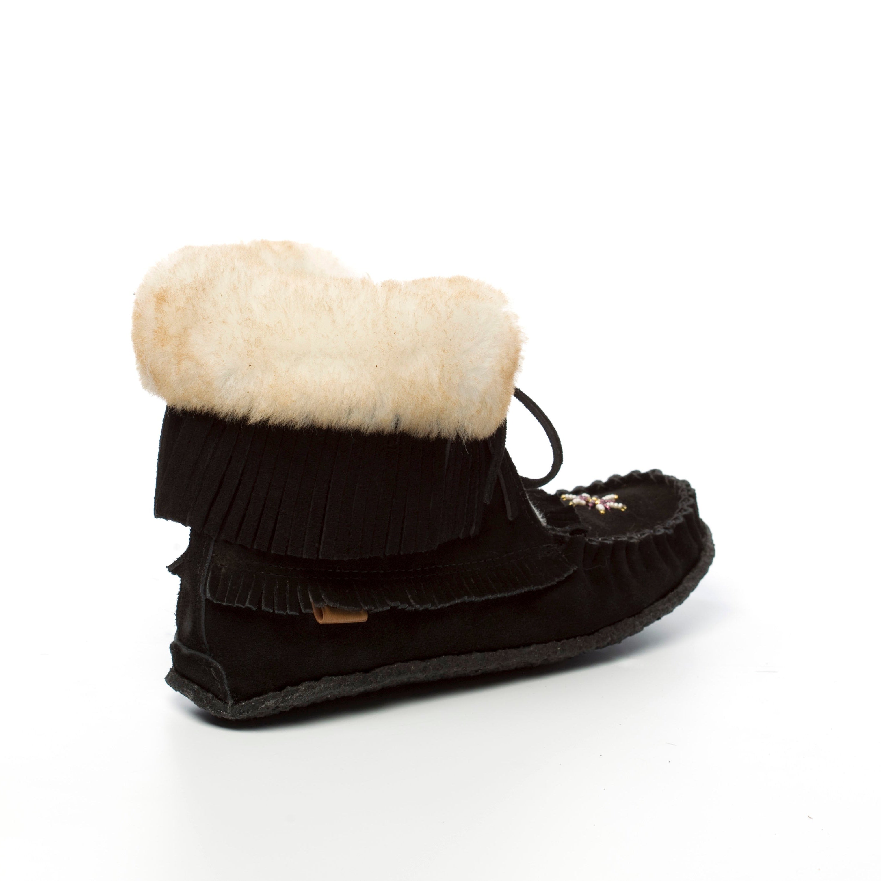 Black slipper boots with white sheepskin lining on a white background