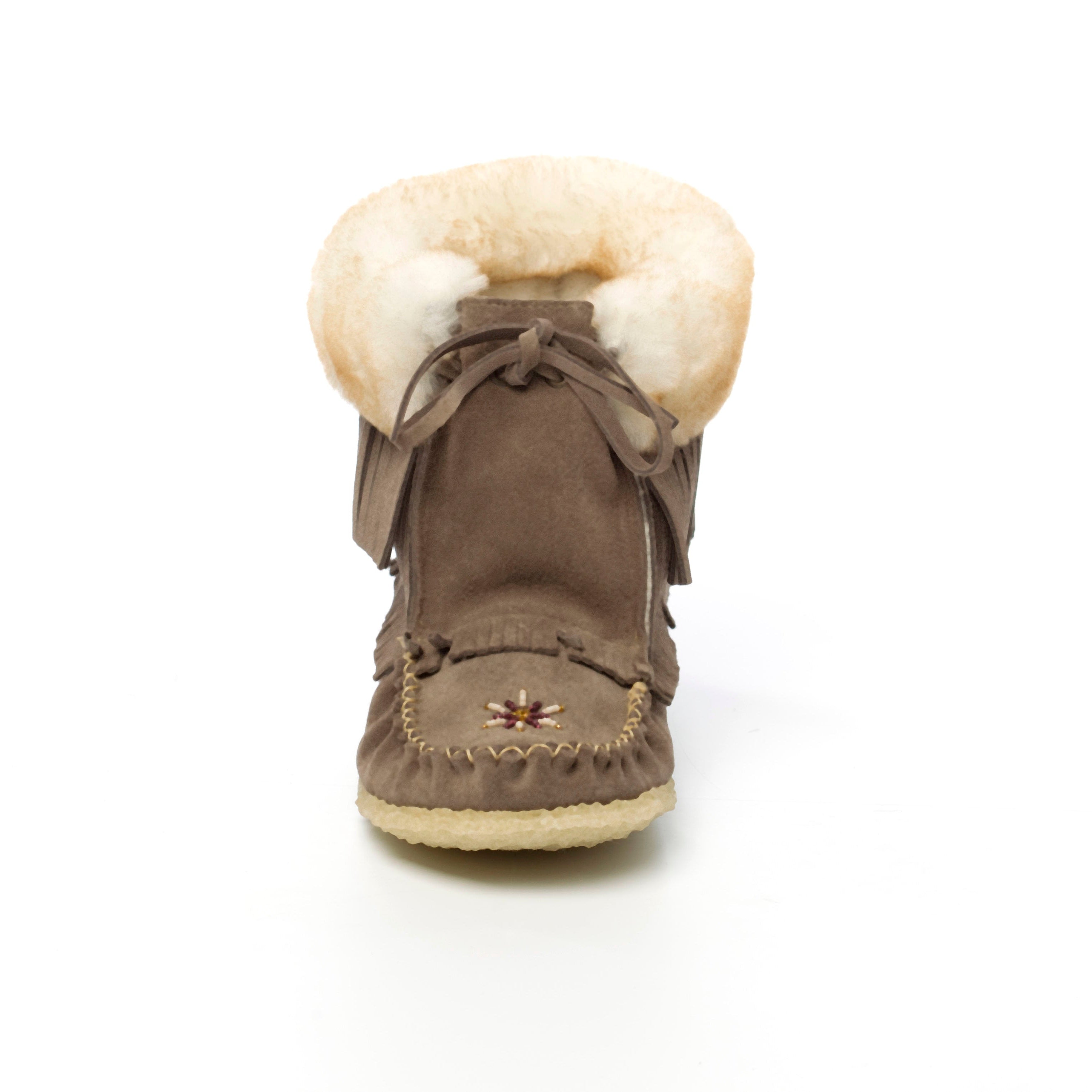 Grey moccasin-style boot with white fur lining on a white background