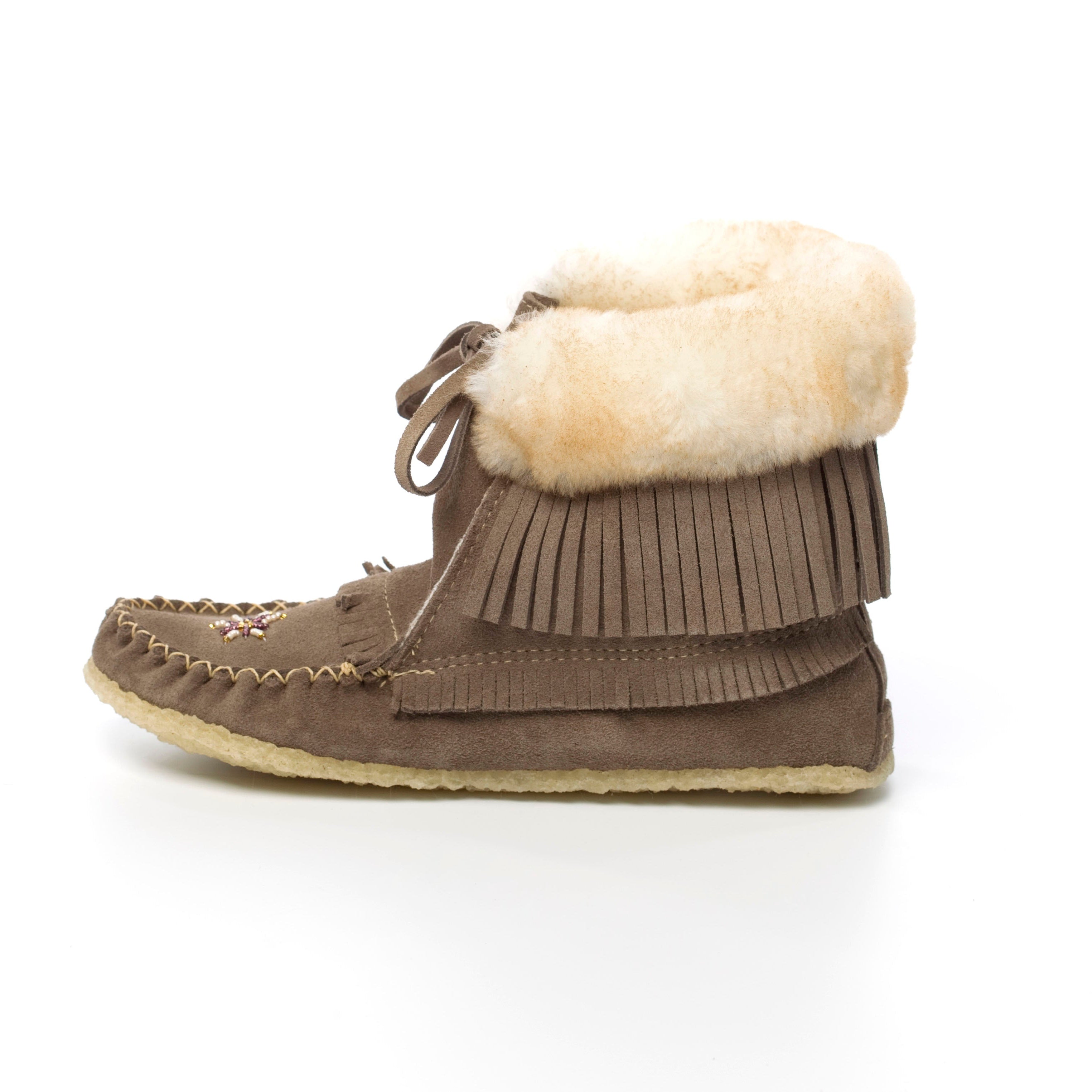 Grey fringed boot with white sheepskin lining on a white background