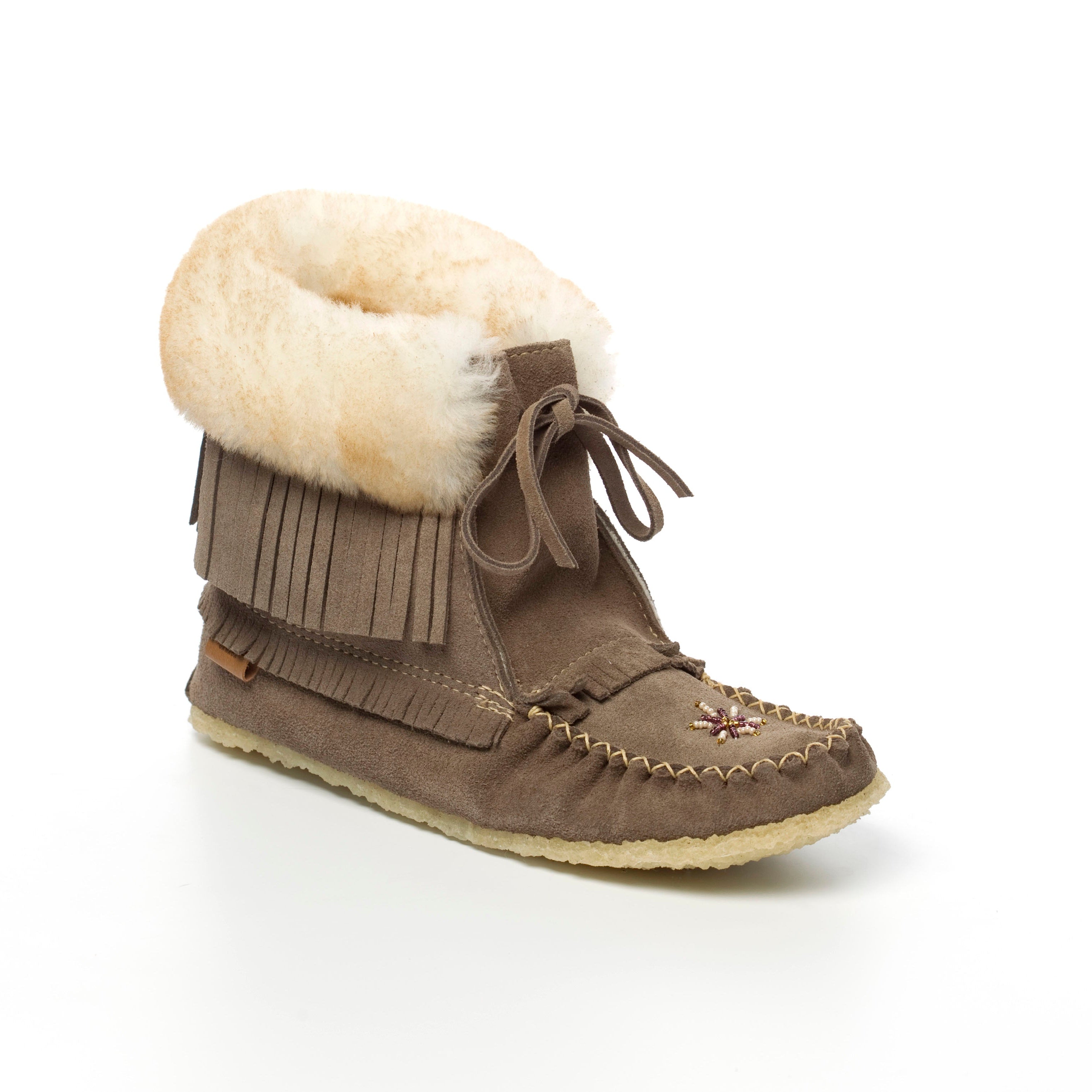 Grey moccasin boot with white fur lining on a white background