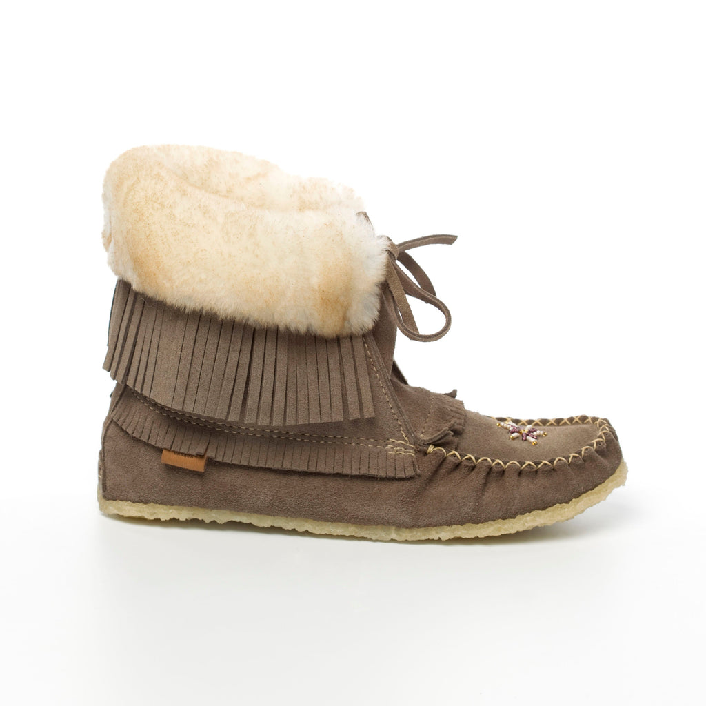 Gray boot with white fur lining on a white background