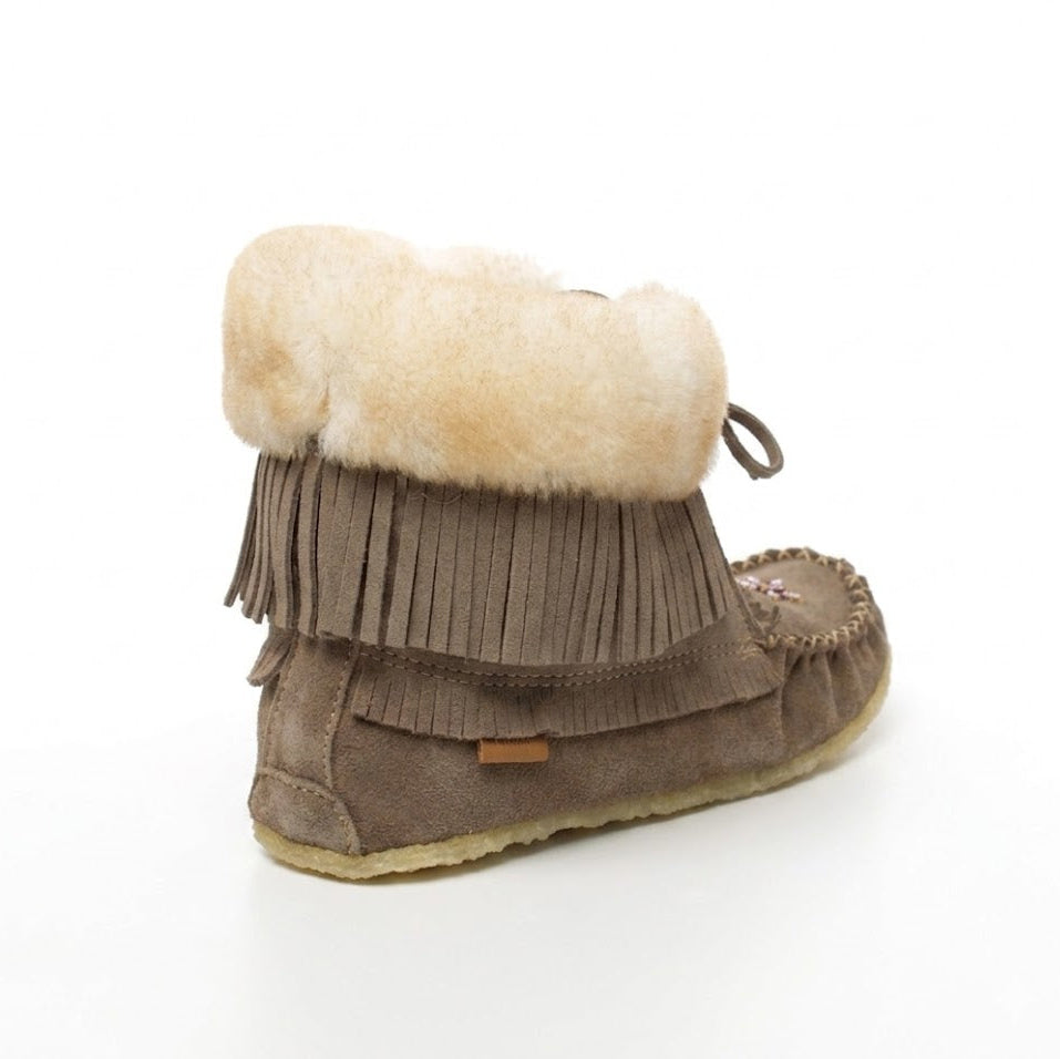 Grey moccasin boot with fur trim on a white background