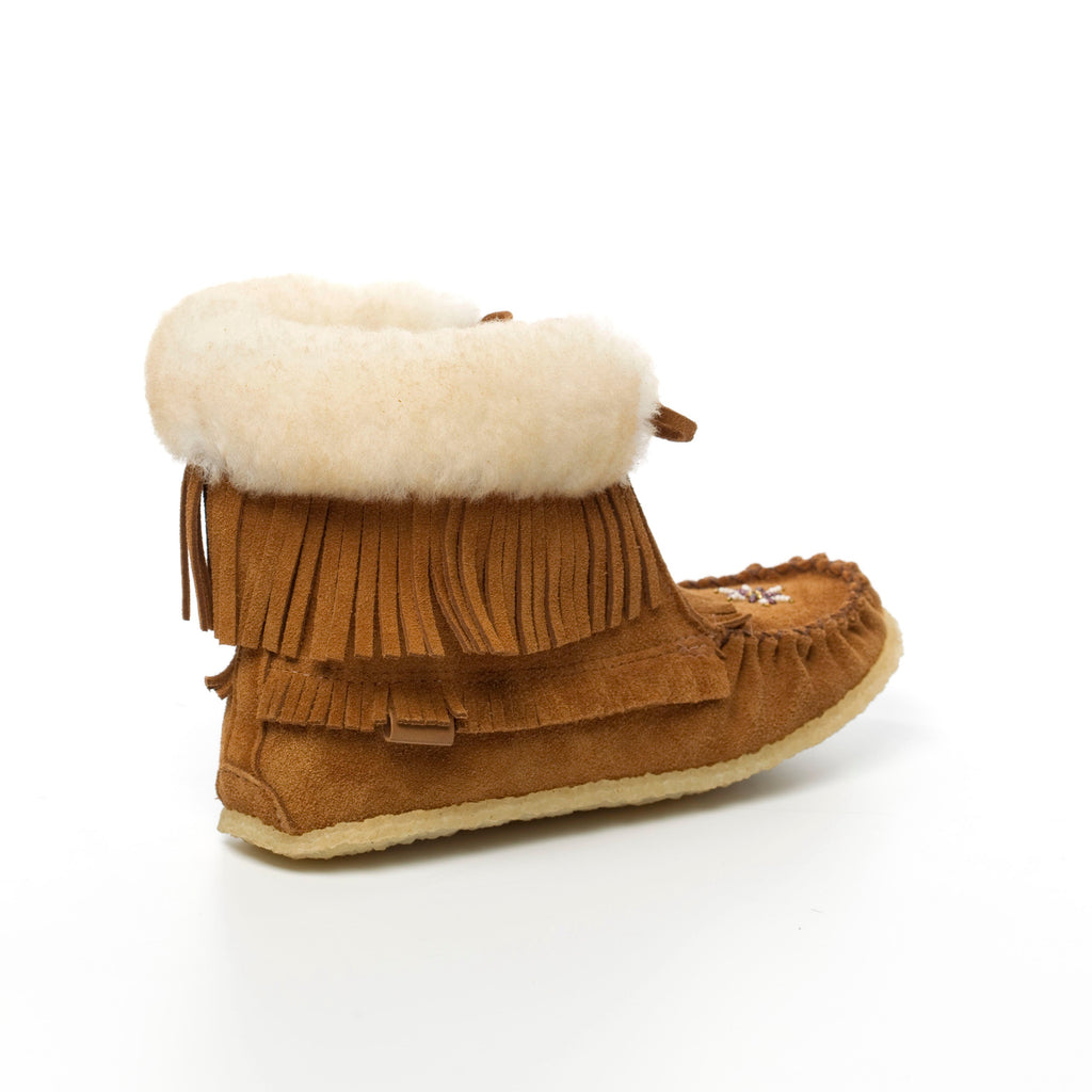 Brown moccasin-style boot with white sheepskin collar and lining on a white background