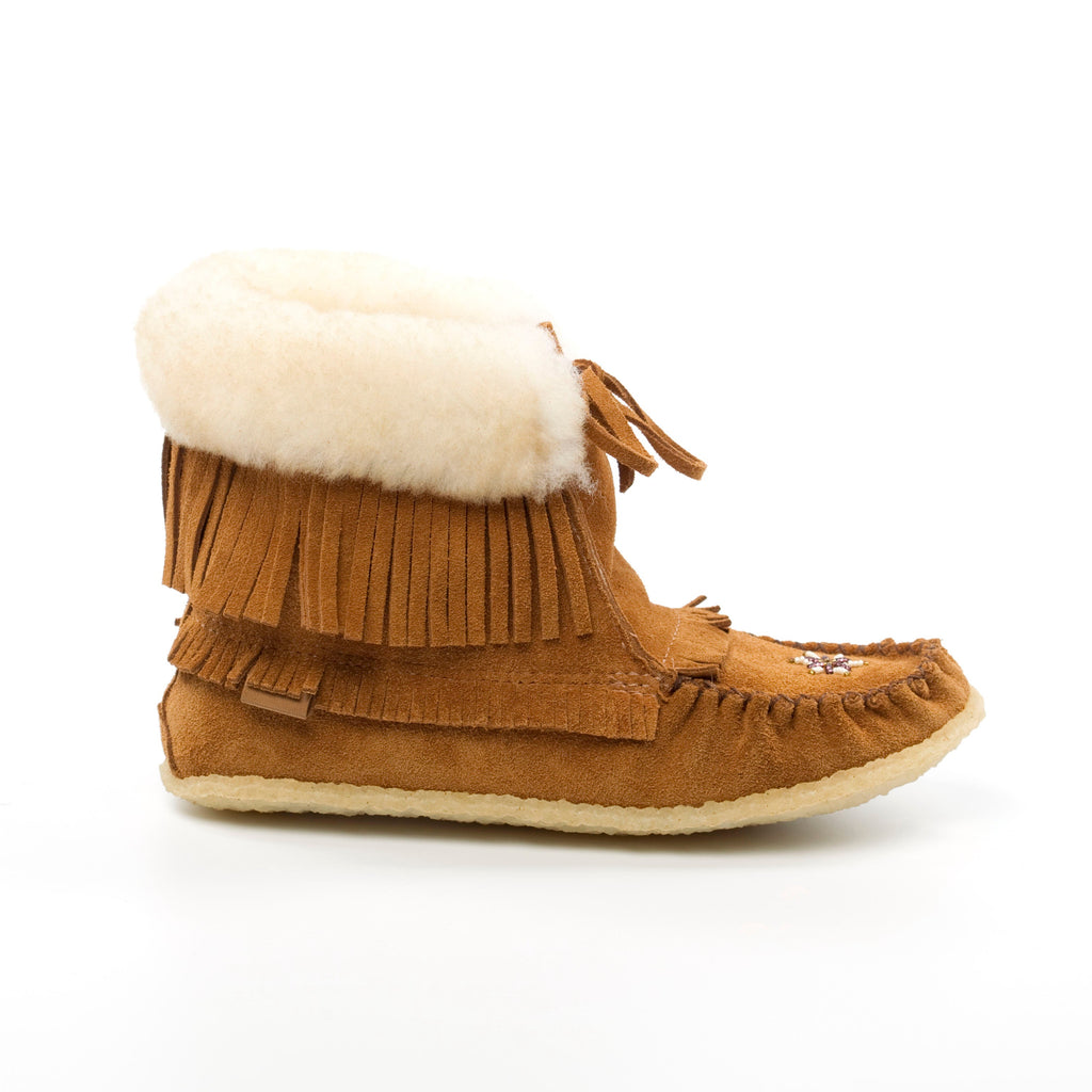 Brown moccasin-style boot with white sheepskin lining and collar on a white background