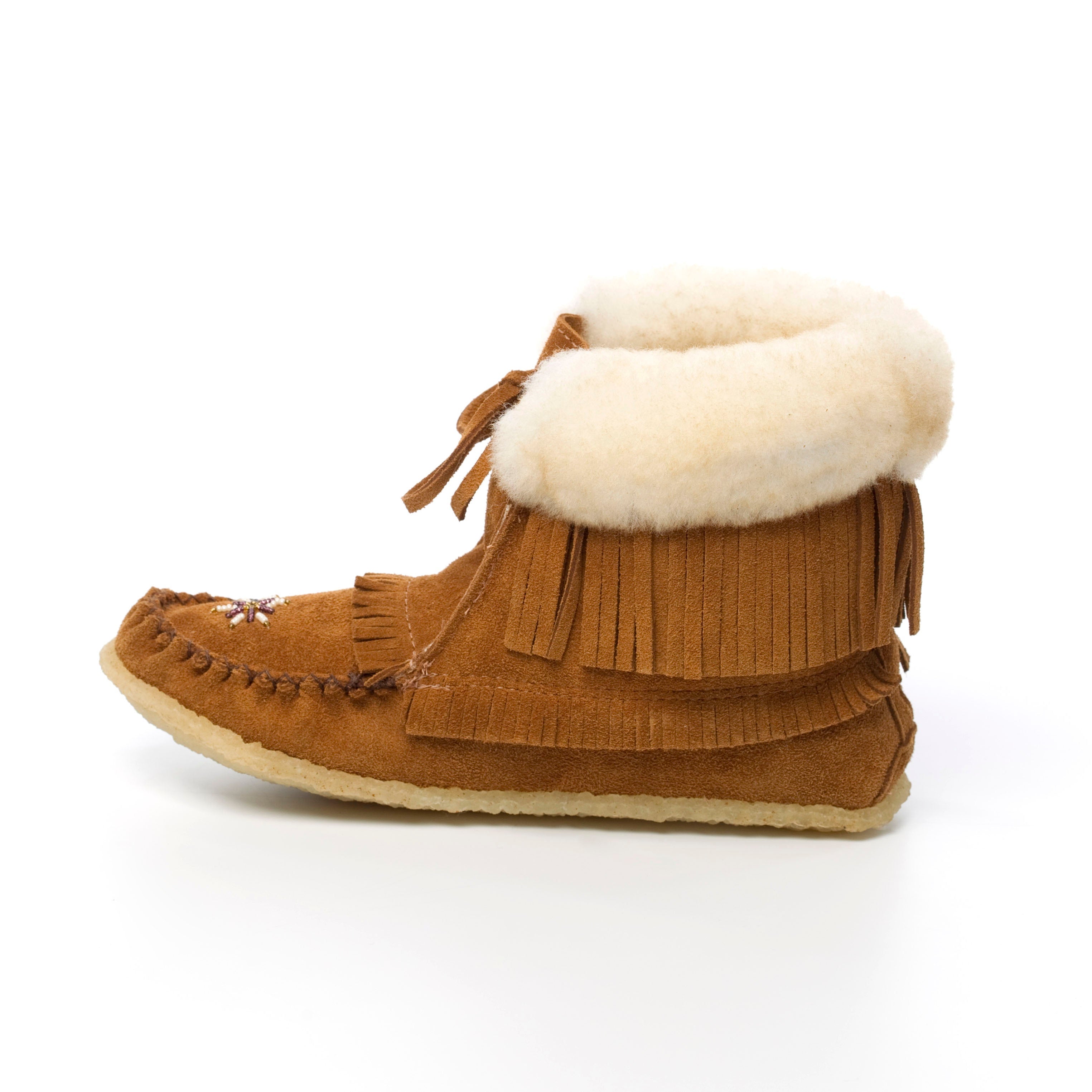 Brown moccasin-style boot with white fur lining on a white background