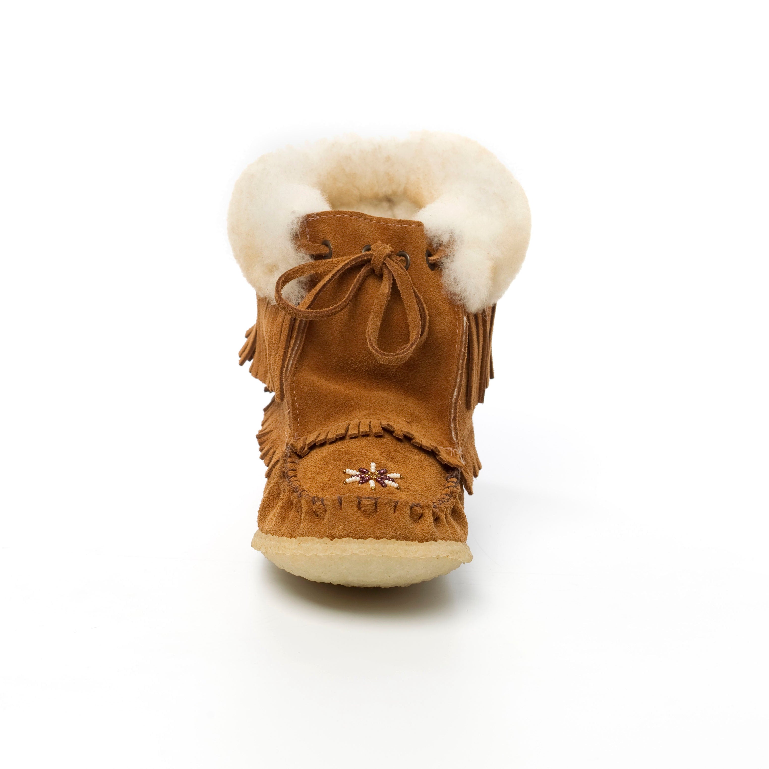 Brown children's boot with white sheepskin collar and lining on a white background