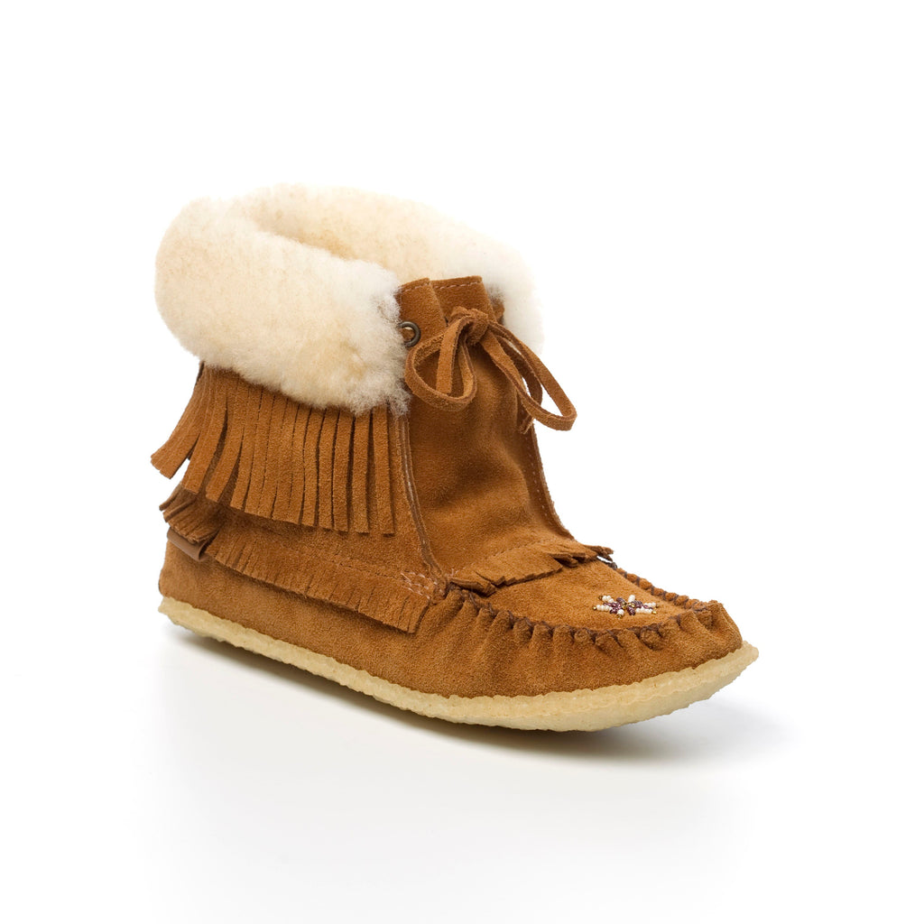 Brown suede ankle boot with white Sheepskin lining and collar on a white background