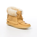 Moose moccasin boot with white fur lining on a white background