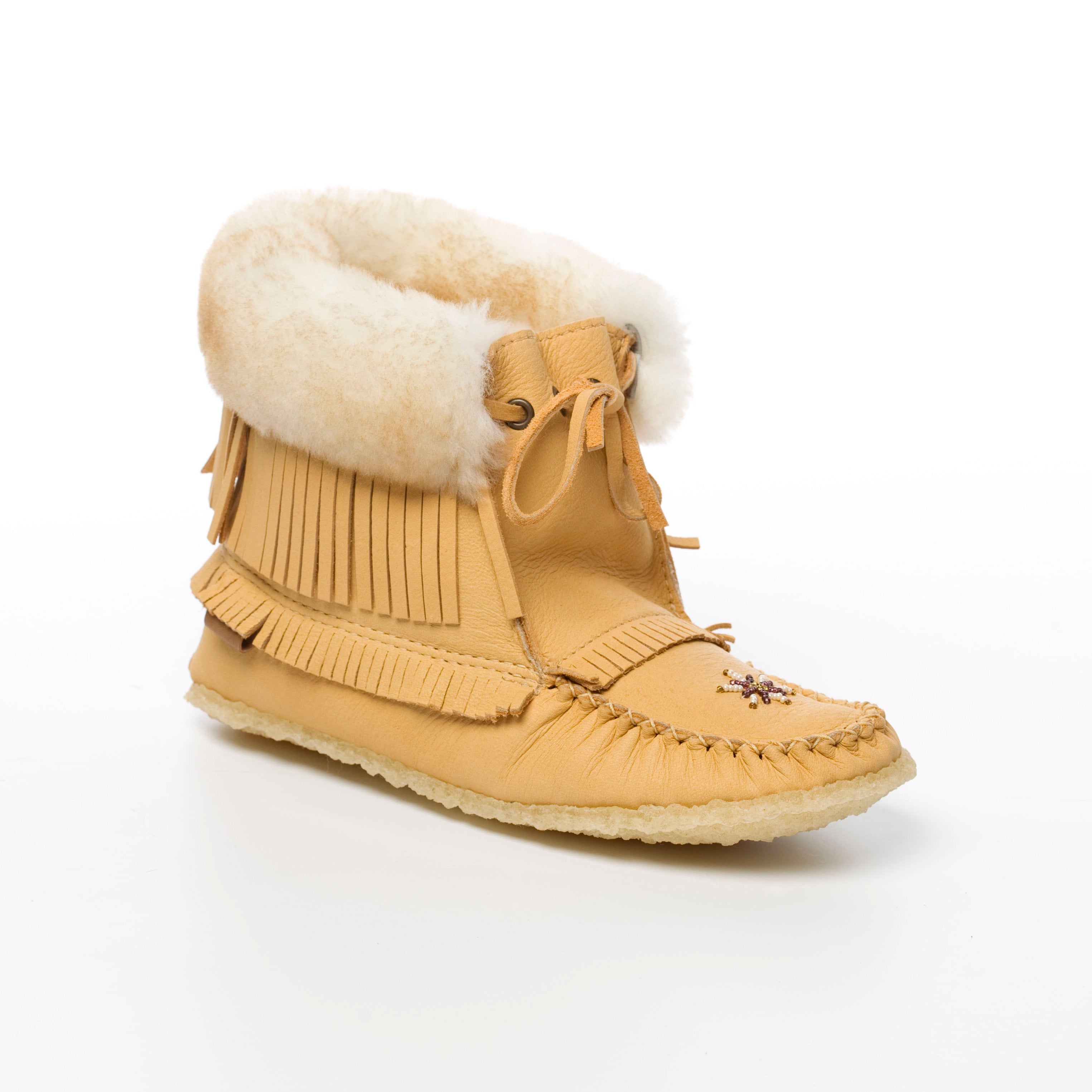 Moose moccasin boot with white fur lining on a white background