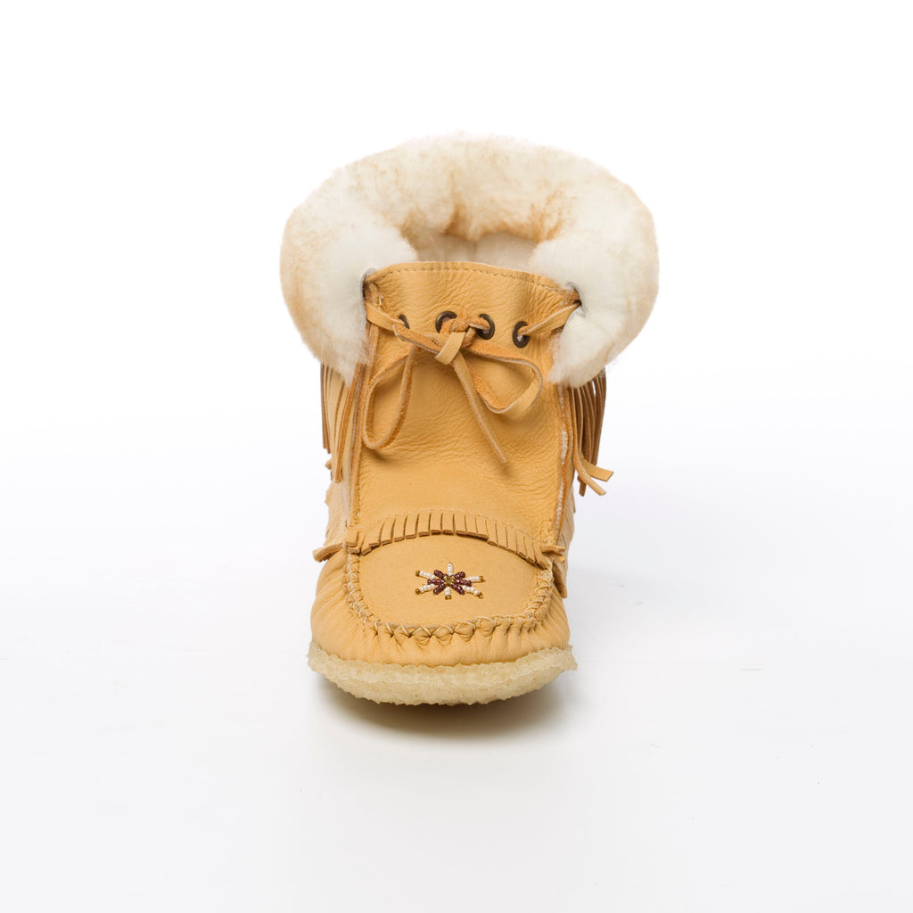 Moosehide Tan winter boot with white fur sheepskin lining on a white background