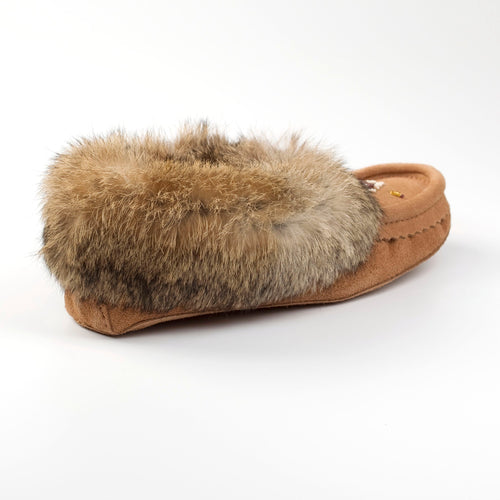 Brown slipper with fur trim on a white background