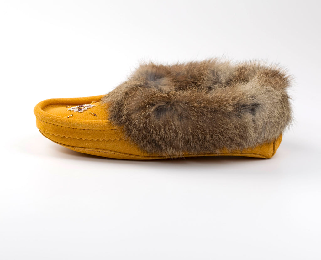 Yellow slipper with fur on a white background