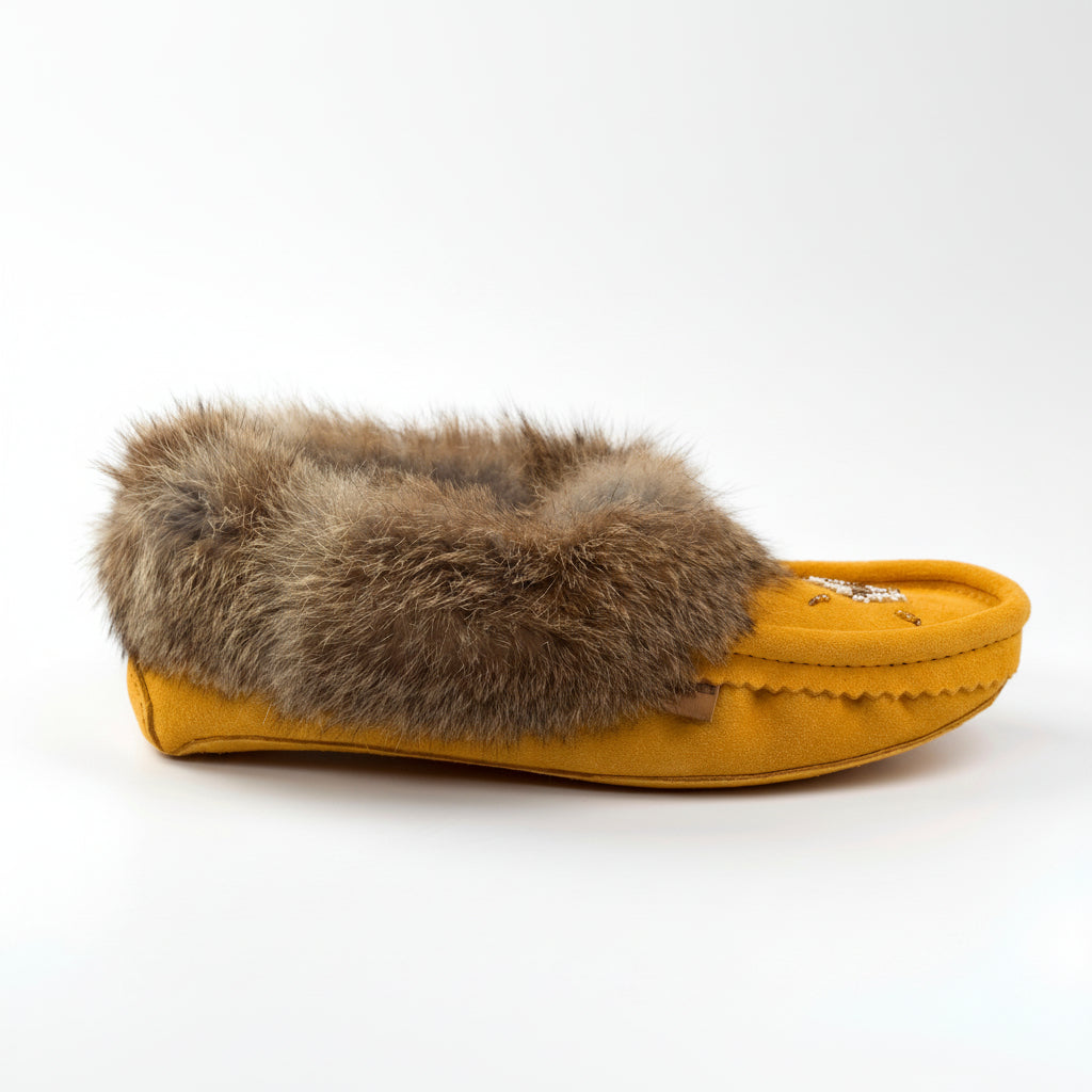 Mustard yellow slipper with fur trim on a white background
