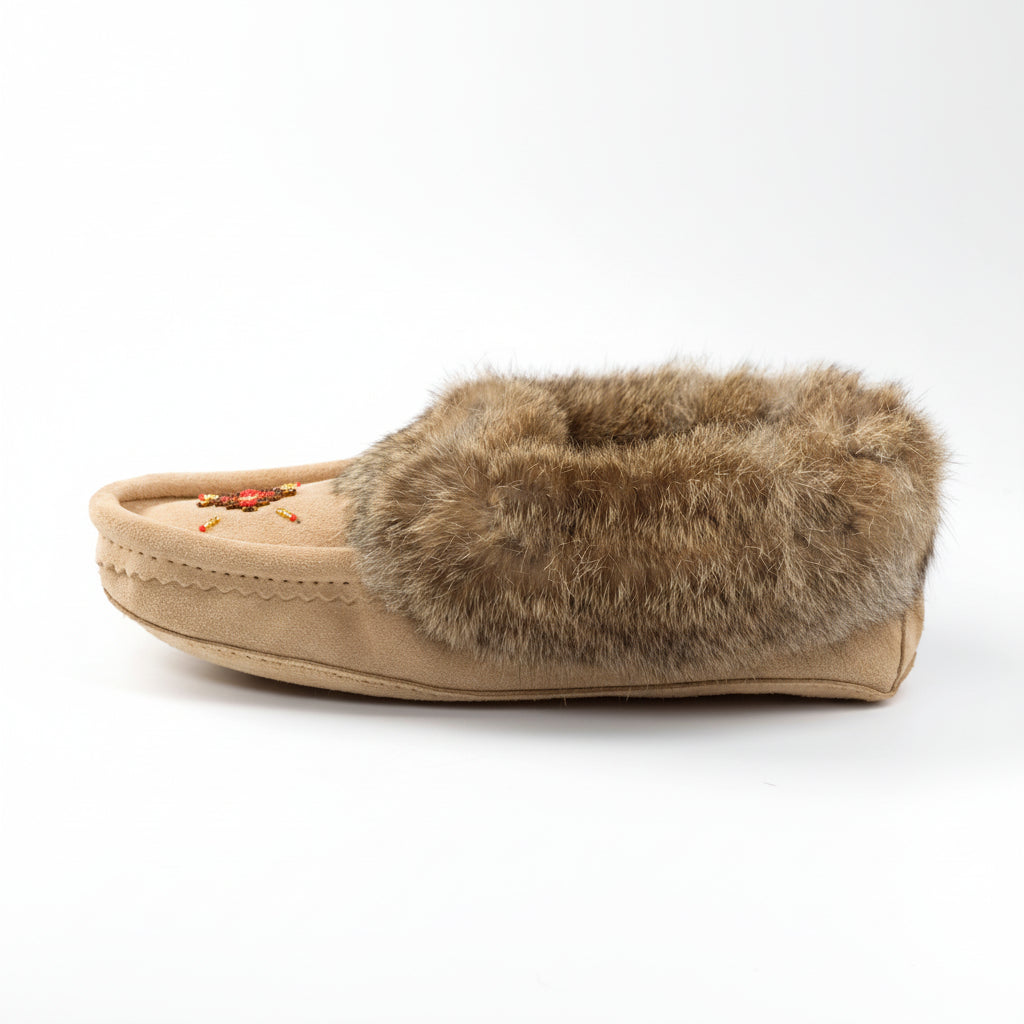 Beige slipper with fur trim on a white background