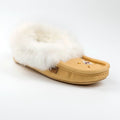 Tan moccasin slipper with white fur on a white background