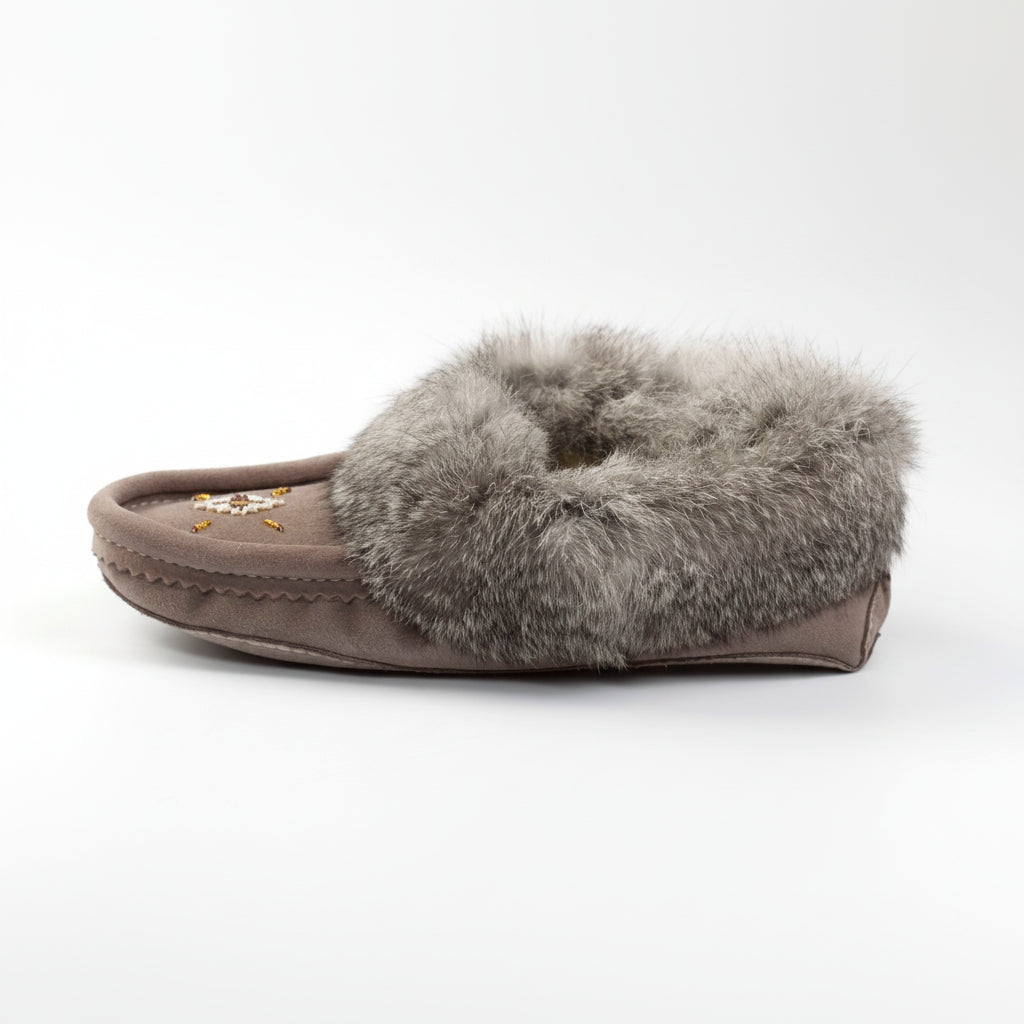 Gray slipper with fur trim on a white background