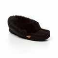 Black slipper with fur trim on a white background