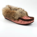 Pink slipper with brown fur trim on a white background