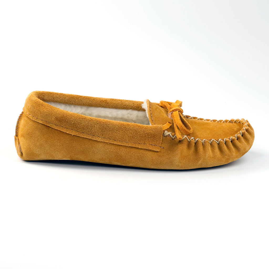 Brown moccasin slipper on a white background