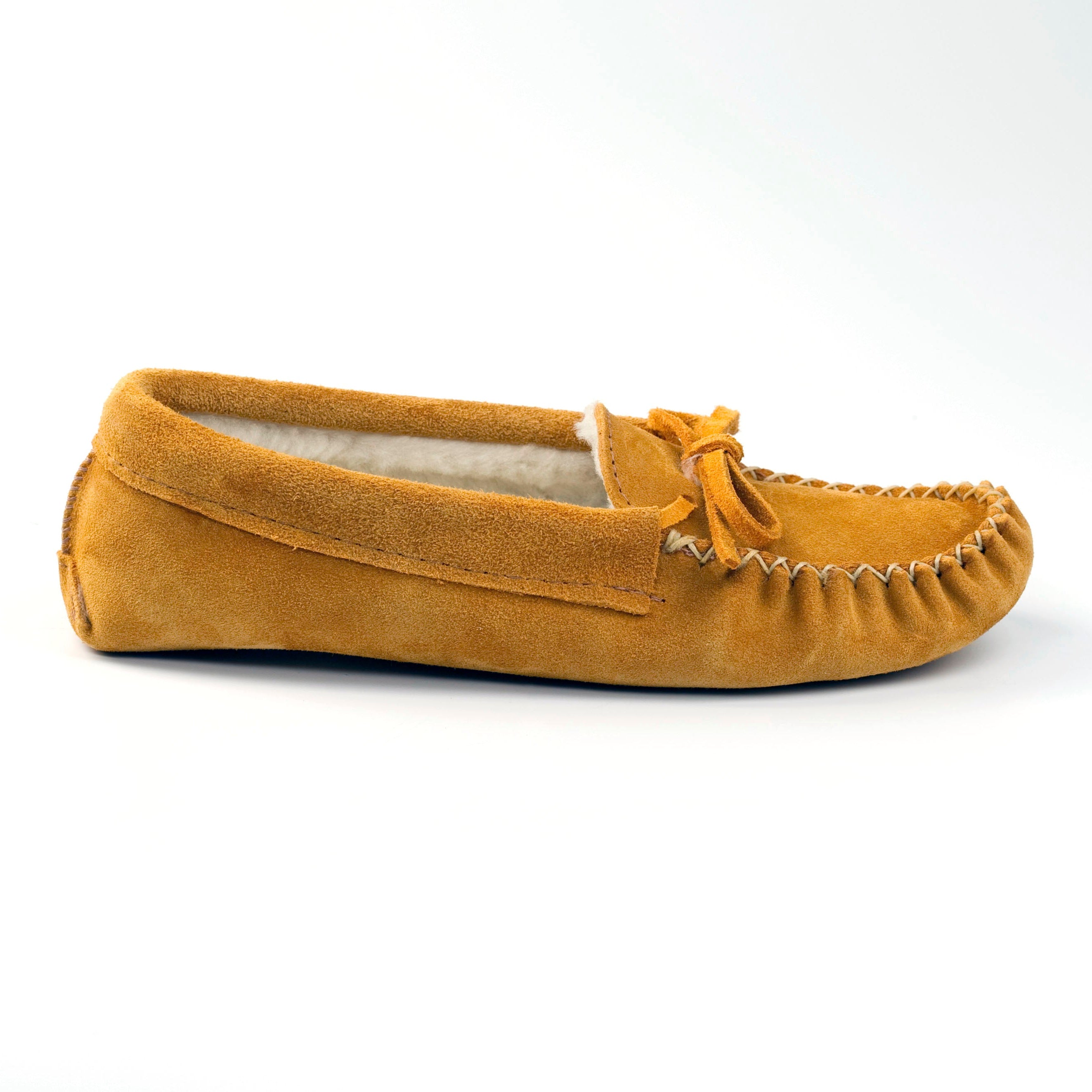 Brown moccasin slipper on a white background