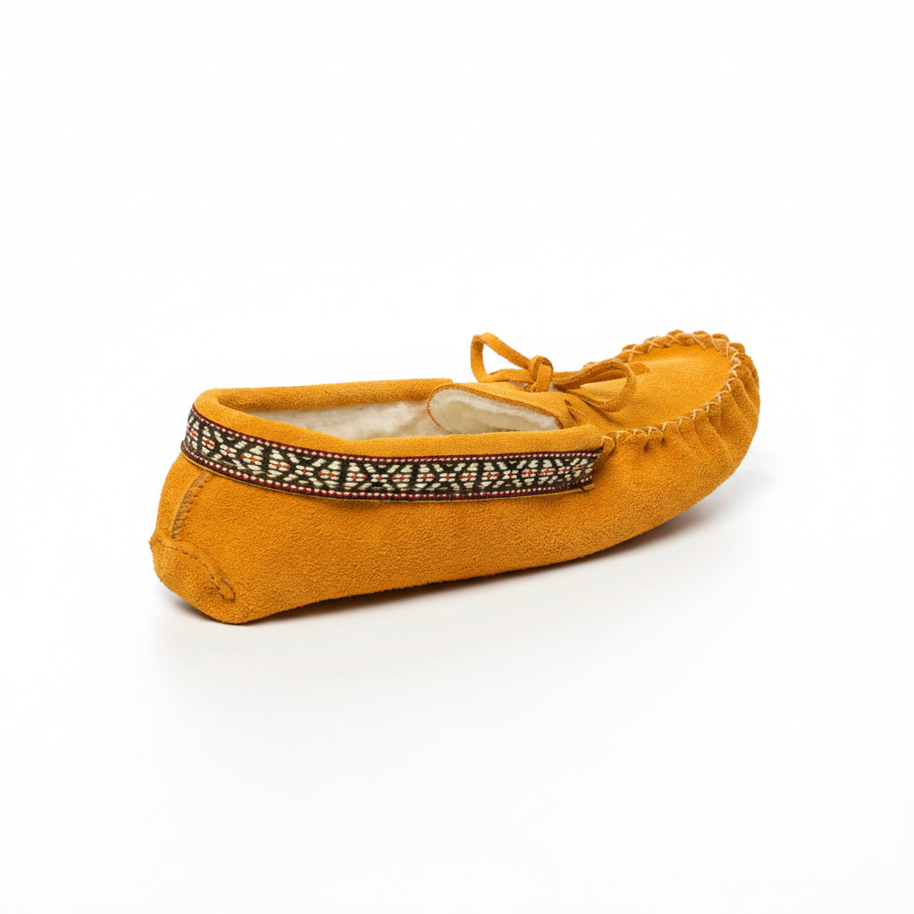Mustard yellow slipper with decorative band on a white background