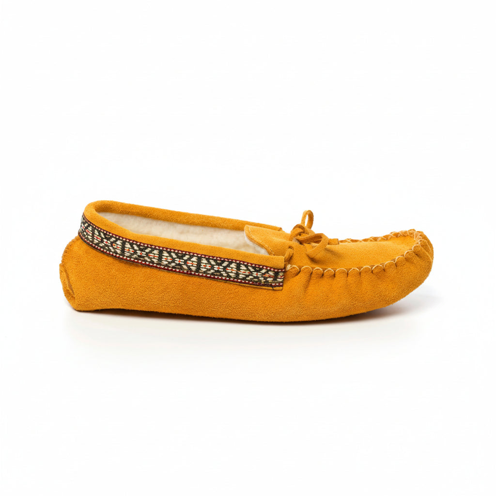 Yellow moccasin slipper with patterned band on a white background