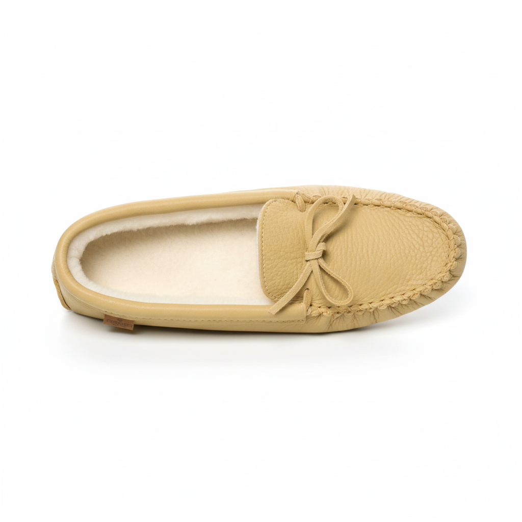 Beige moccasin Tecumseh Canada slipper with a bow on a white background