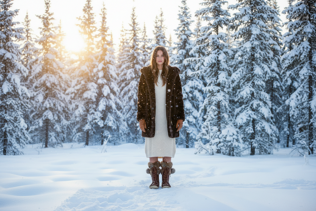 Pair of brown winter boots with fur trim on a white background