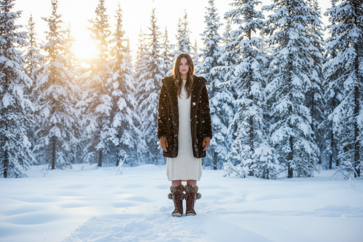 Pair of brown winter boots with fur trim on a white background