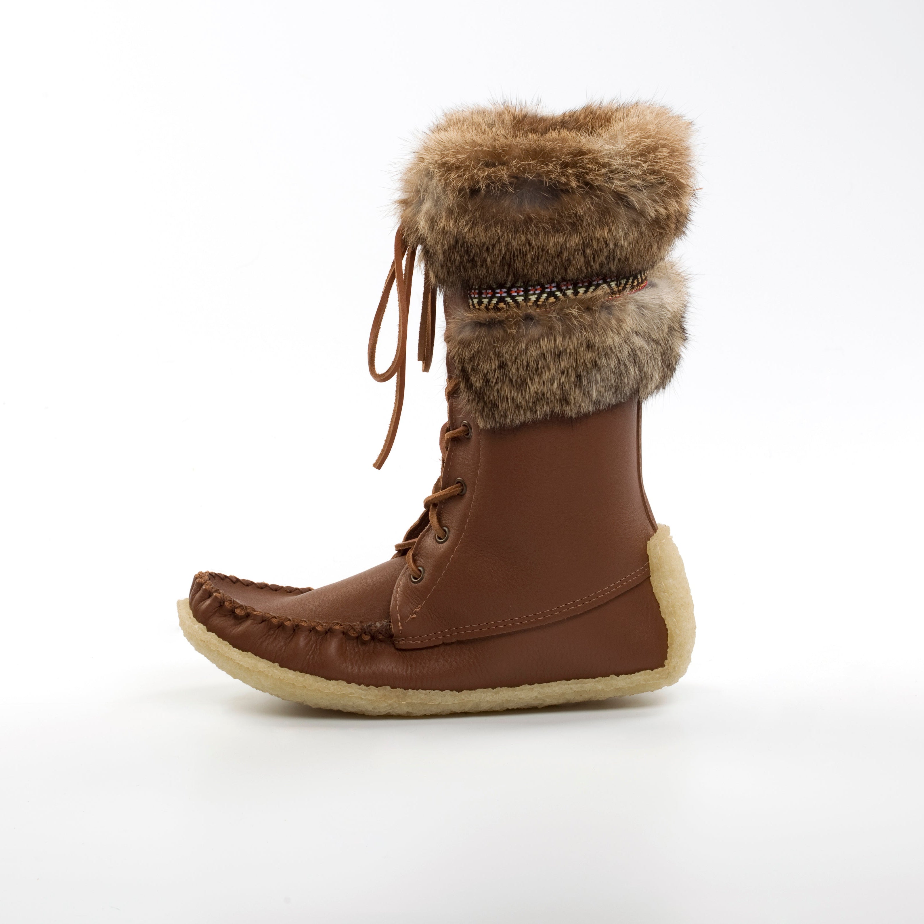 Brown winter boot with fur cuff on a white background