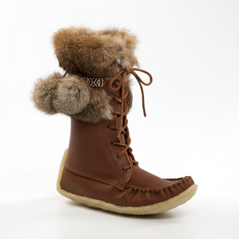 Brown winter boot with fur trim on a white background