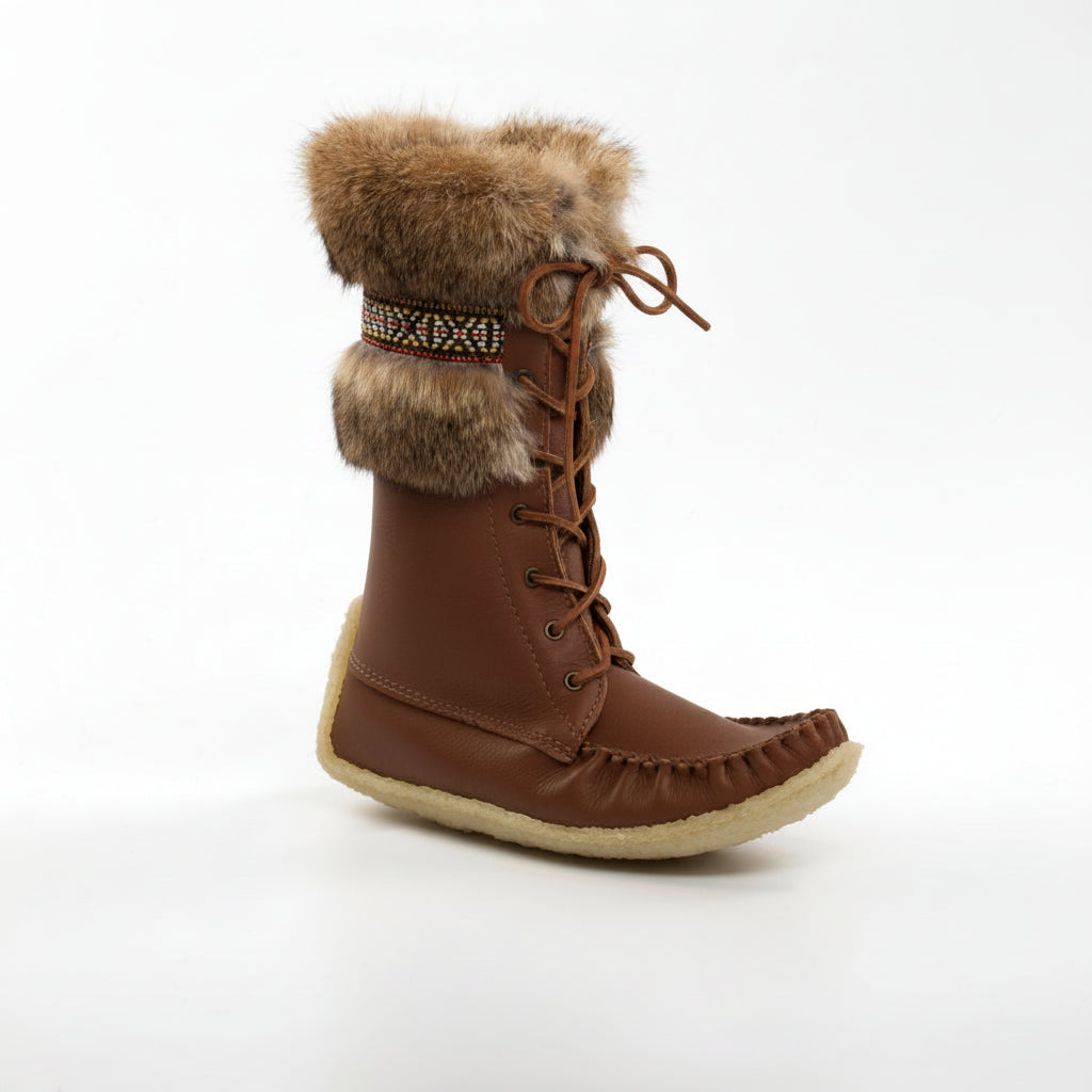 Brown winter boot with fur trim on a white background