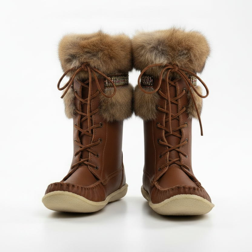 Pair of brown winter boots with fur trim on a white background