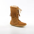 Brown fringed boot with shearling lining on a white background