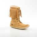 Tan fringed boot on a white background