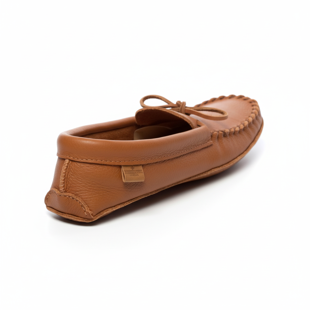 Brown leather moccasin shoe on a white background