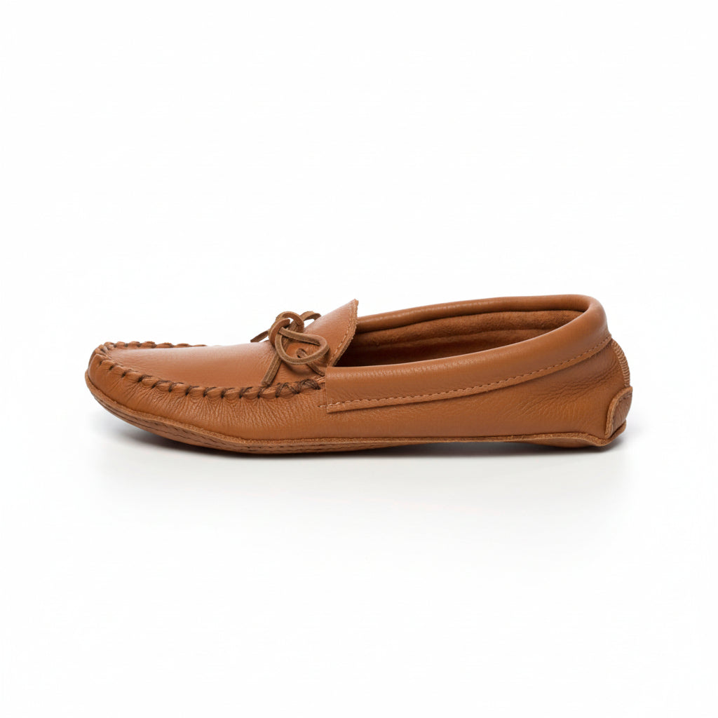 Brown leather moccasin slippers on a white background