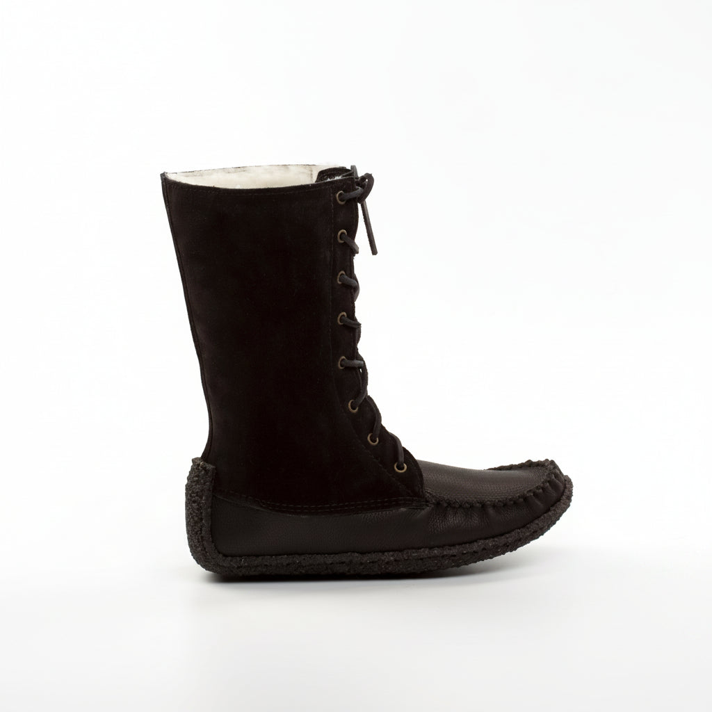 Black lace-up boot with white lining on a white background