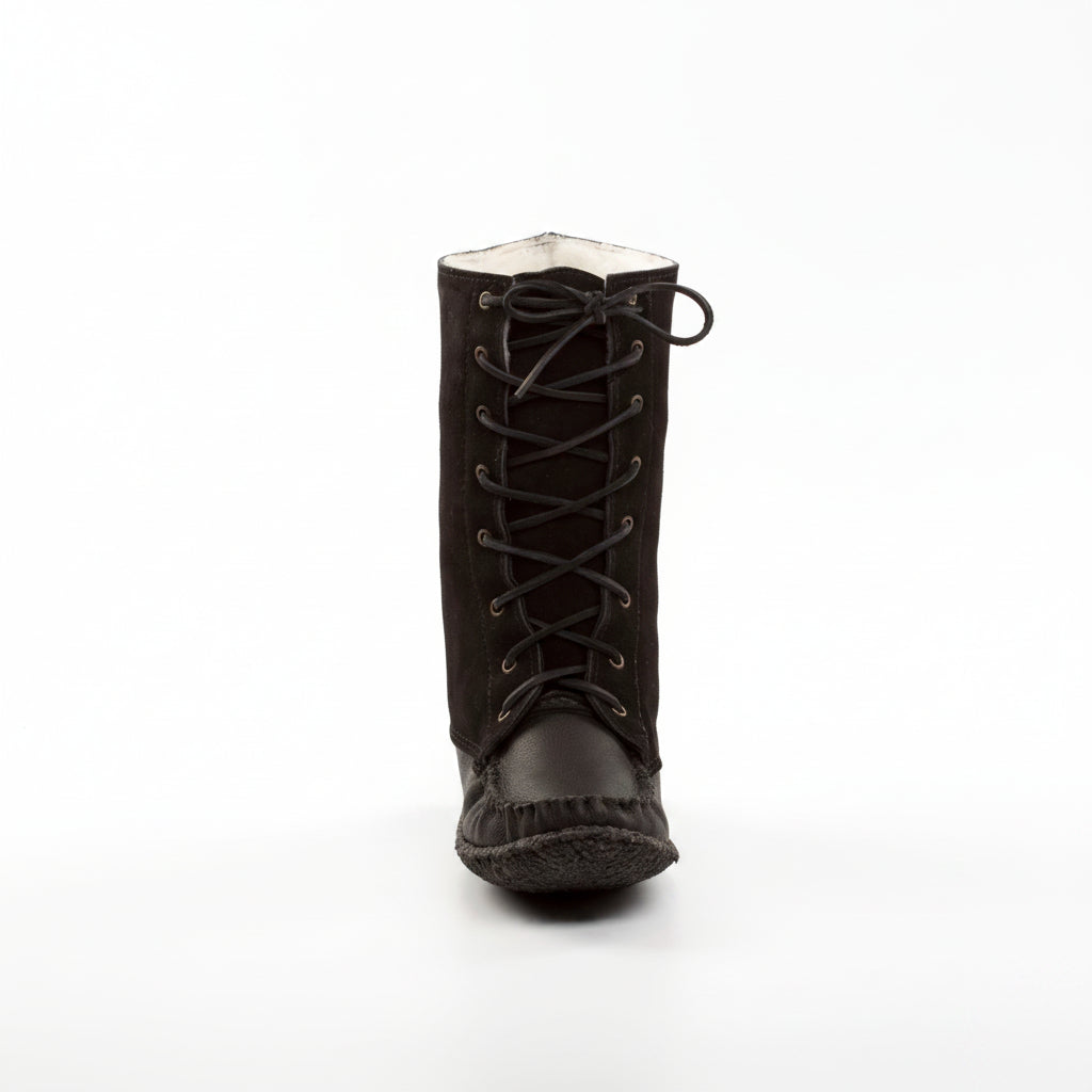 Black lace-up boot on a white background